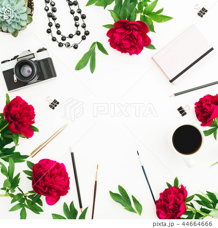 Workplace with copy space of pink dairy, red peony Workplace with copy space of pink dairy, red peony 44664666