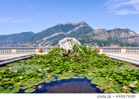 Sculpture with japanese pond in front of Villa Sculpture with japanese pond in front of Villa 44667690