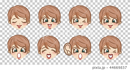 女の子の顔 表情 セット 髪型 ショートのイラスト素材