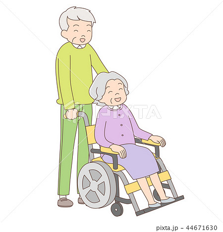 車椅子を押すおじいちゃん おばあちゃんのイラスト素材