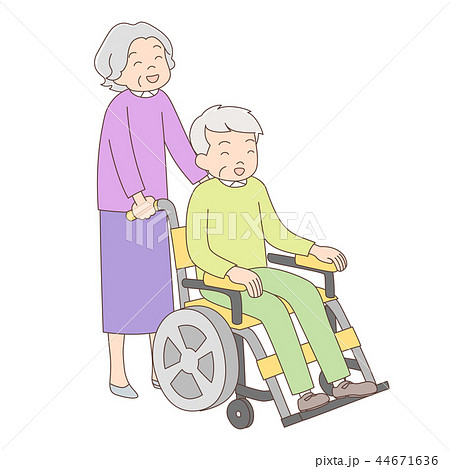 車椅子を押すおばあちゃん おじいちゃんのイラスト素材