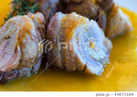 Roasted duck with sea buckthorn sauce close Roasted duck with sea buckthorn sauce close 44673169