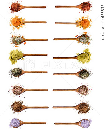 Collection of Spices in Wooden Spoons Collection of Spices in Wooden Spoons 44673358