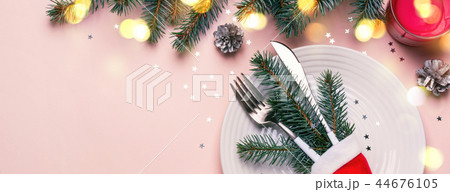Christmas festive table setting. Fir branches Christmas festive table setting. Fir branches 44676105