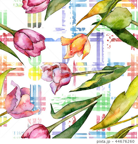 Watercolor pink tulip flower. Floral botanical flower. Seamless background pattern. Watercolor pink tulip flower. Floral botanical flower. Seamless background pattern. 44676260