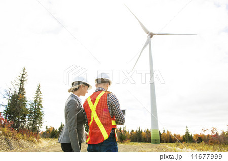 A Technician team Engineer in Wind Turbine Power Generator Station 44677999