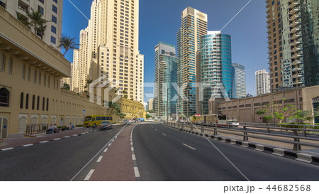 A view of traffic on the street at Jumeirah Beach Residence and Dubai marina timelapse hyperlapse, United Arab Emirates. 44682568