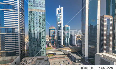 Skyline view of the buildings of Sheikh Zayed Road and DIFC timelapse in Dubai, UAE. 44683220