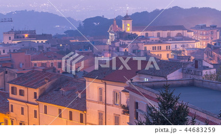 Duomo di San Pancrazio Martire after sunset in beautiful town of Albano Laziale day to night timelapse, Italy 44683259