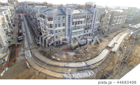Concrete works for road maintenance construction with many workers and mixer timelapse 44683406