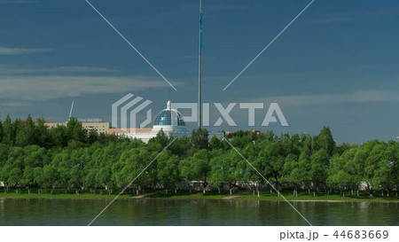 river Ishim timelapse, buildings, premises, tratuar and trees in park. Sunny day. Astana, Kazakhstan river Ishim timelapse, buildings, premises, tratuar and trees in park. Sunny day. Astana, Kazakhstan 44683669