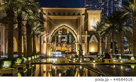 Entrance of Hotels, offices and Souk near Burj Khalifa the tallest building in the world timelapse hyperlapse in Dubai, UAE 44684016