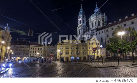 Night view of the illuminated malostranske namesti square timelapse hyperlapse in prague 44686470