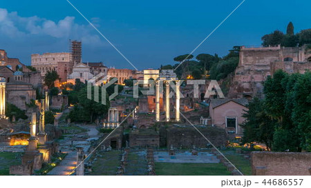 Ruins of Forum Romanum on Capitolium hill day to night timelapse in Rome, Italy 44686557