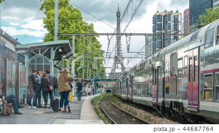 Javel train station with Eiffel tower on background timelapse. Paris, France Javel train station with Eiffel tower on background timelapse. Paris, France 44687764
