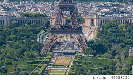 Aerial view from Montparnasse tower with Eiffel tower and Champ de Mars timelapse in Paris, France. 44688230