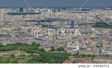 Top view of Paris skyline from observation deck of Montparnasse tower timelapse. Main landmarks of european megapolis. Paris, France 44688253