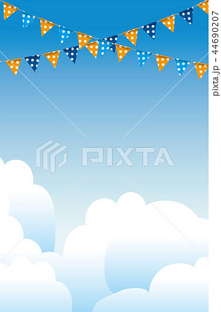 イラスト素材 青空の背景 カラフルな三角旗 パーティーフラッグ 縦位置 ベクターデータのイラスト素材