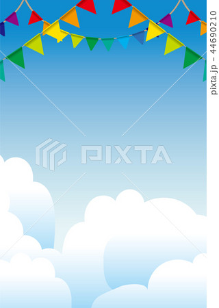イラスト素材 青空の背景 カラフルなガーラント 三角旗 パーティーフラッグ 縦位置のイラスト素材
