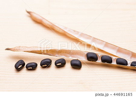 木のテーブルの上の黒小豆の1本のさやと豆 44691165