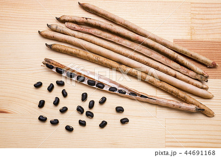木のテーブルの上の黒小豆のさやと豆 44691168