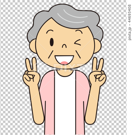 シニア　女性　Wピースをするおばあちゃん　二頭身 44693408