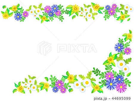 水彩風の花のブラシと飾り(ノースポール,アフリカンデージー,メランポジウム) 44695099