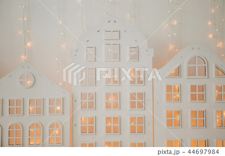 New Years glowing city buildings garlands lights 44697984