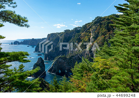 【岩手県田野畑村】高さ200ｍの断崖が連なる景勝地、北山崎はまさに息をのむ海のアルプス。今は紅葉の季 44699248