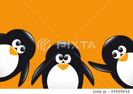 Three Funny Penguins Cartoon On Orange Backgroundのイラスト素材