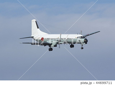 晴れ渡る空を旋回飛行する海上自衛隊の国産輸送機YS-11M 晴れ渡る空を旋回飛行する海上自衛隊の国産輸送機YS-11M 44699711