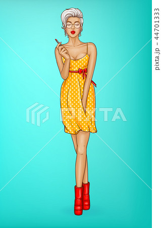 Vector girl with sexy lips holds red lipstick. 44701333