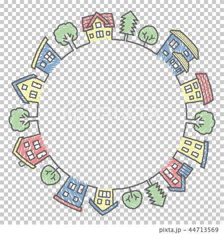 Deformed house and tree circle (Handwriting style line drawing and doodle style coloring) Deformed house and tree circle (Handwriting style line drawing and doodle style coloring) 44713569