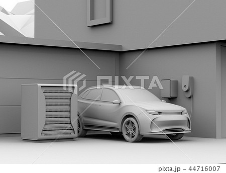 EV使用済みのバッテリー再利用リユースシステムでEVや家に電力供給するクレイレンダリングイメージ 44716007