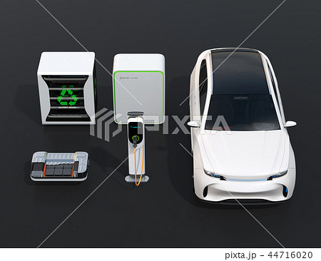 EV使用済み電池再利用システム、車用電池のカットモデル、急速充電器と電動SUVのイメージ 44716020