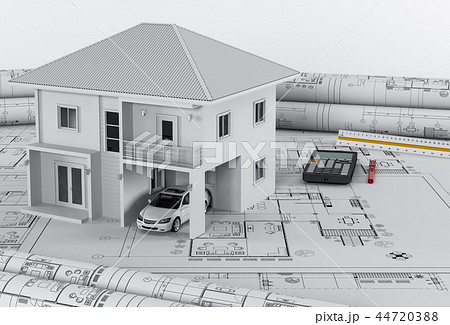 house and drawing tools on blueprint, 3d render house and drawing tools on blueprint, 3d render 44720388