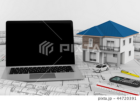 Model house and laptop on blueprint, 3d render 44720391