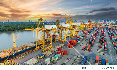 Aerial view container ship from sea port warehouse 44720544