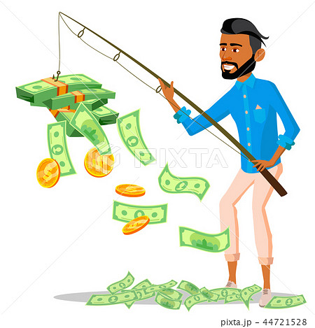 Lucky Businessman With A Fishing Rod In Hands And Pile Of Money Near Vector. Isolated Illustration 44721528