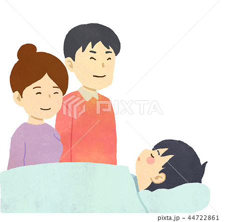 医療 寝ている子供を見守る両親のイラスト素材