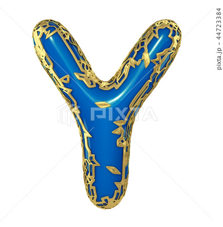 Golden shining metallic 3D with blue paint symbol capital letter Y - uppercase isolated on white. 3d 44723384
