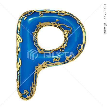 Golden shining metallic 3D with blue paint symbol capital letter P - uppercase isolated on white. 3d 44723404