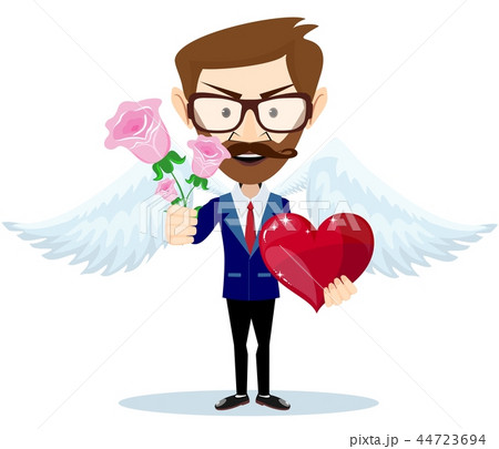 Young angel smiling and holding bouquet of flowers and heart. 44723694