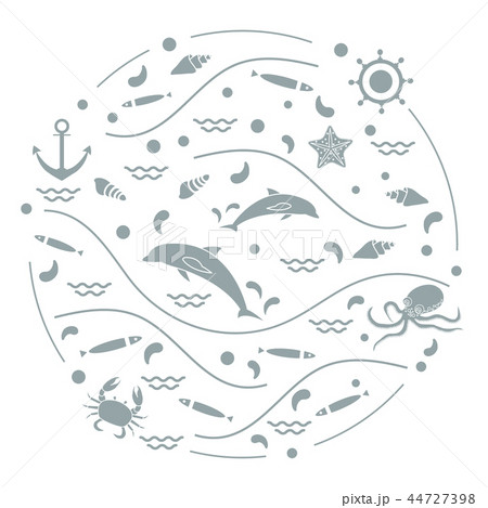 dolphins, octopus, fish, anchor, helm, waves, 44727398