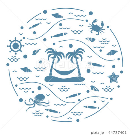 octopus, fish, island with palm trees and a 44727401