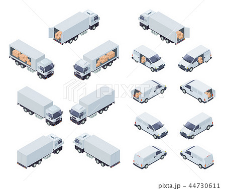 Loaded Cargo Vehicles Isometric Vector Icons Set Loaded Cargo Vehicles Isometric Vector Icons Set 44730611