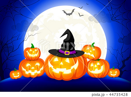 Halloween pumpkins, moon on blue background. Halloween pumpkins, moon on blue background. 44735428