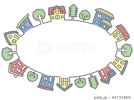 デフォルメした家と木の楕円サークル(線画とカラー) 44735860