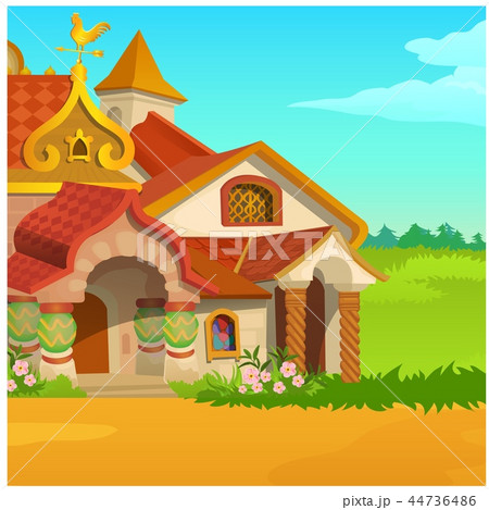 Poster with a fabulous Royal wooden house in a field with green grass and blue sky. Vector cartoon Poster with a fabulous Royal wooden house in a field with green grass and blue sky. Vector cartoon 44736486
