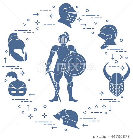 Knight with shield, sword, and different helmets 44736878